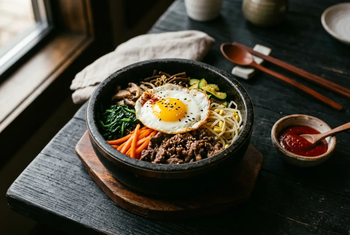 Bibimbap – Reisschale mit Gemüse, Rindfleisch und Spiegelei