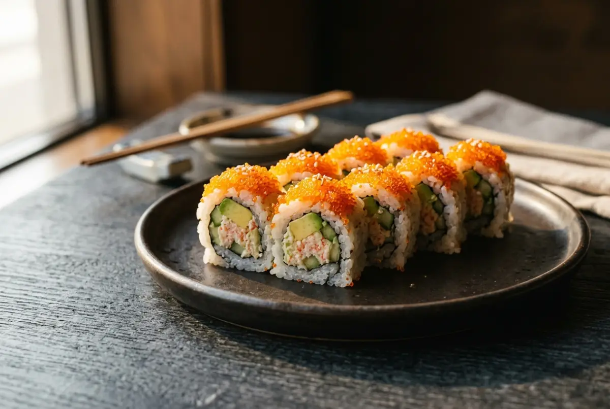 California Roll als Inside-out-Rolle mit Avocado und orangem Rogen