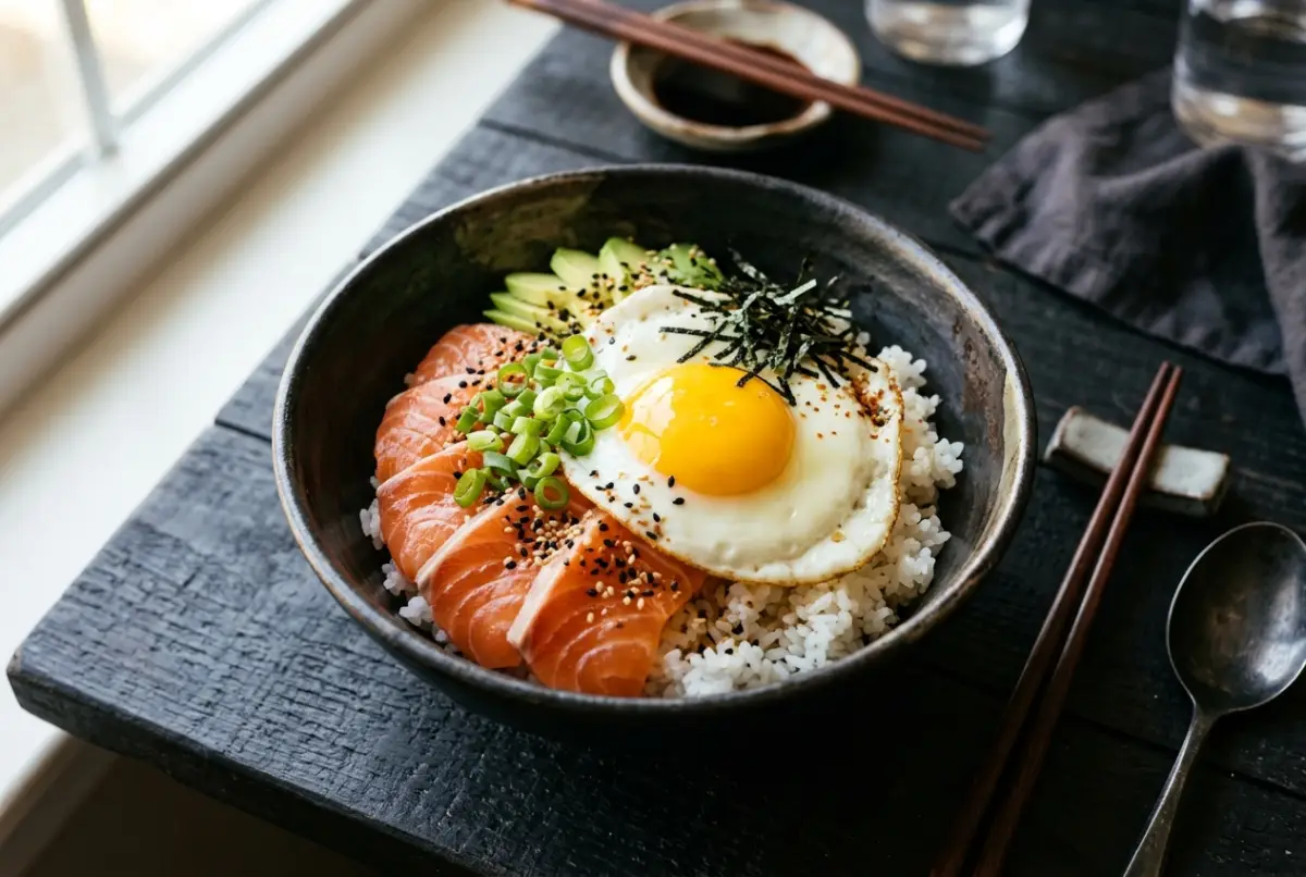 Japanische Reisschale mit Lachs, Avocado und Spiegelei auf Reis