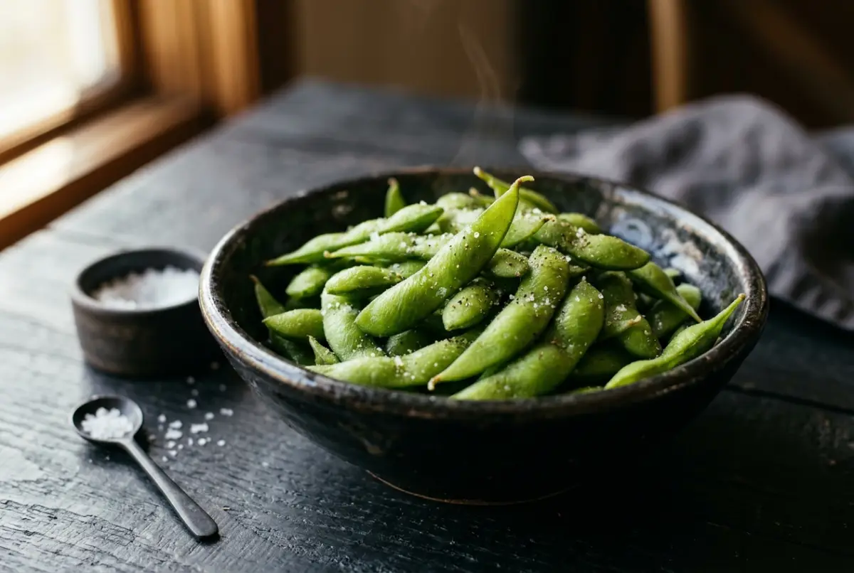 Schale mit gekochten grünen Edamame-Schoten, mit grobem Salz bestreut