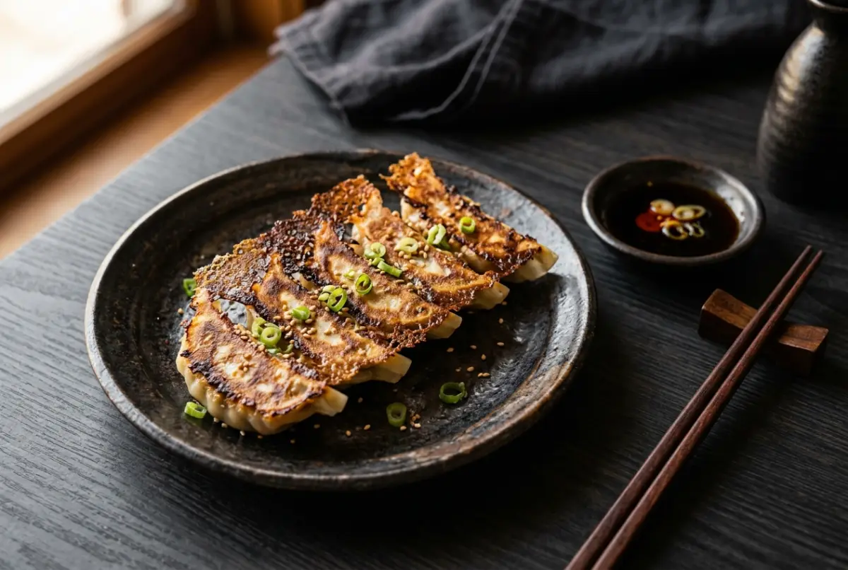 Gebratene Gyoza mit goldbrauner Unterseite neben einem Schälchen Dip-Sauce