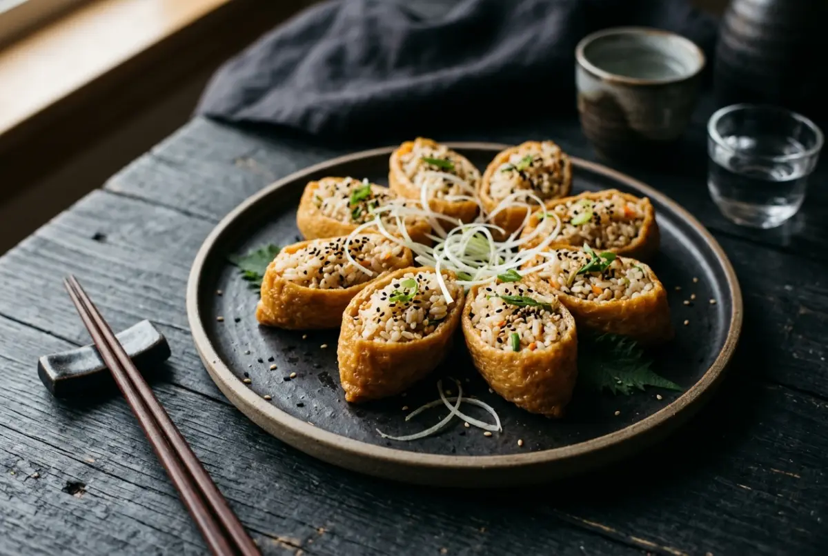 Inari-Sushi: goldbraune Tofutaschen gefüllt mit Reis