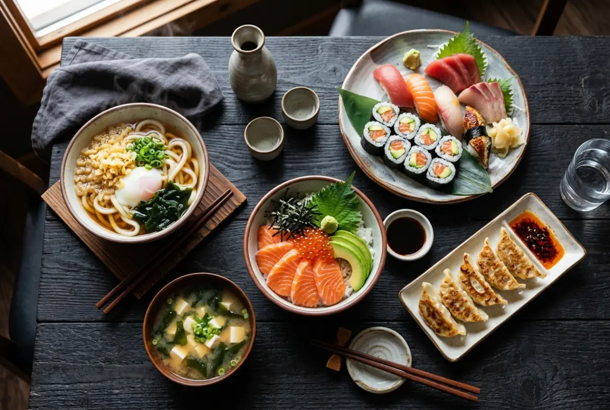 Japanische Gerichte auf einem Tisch: Reisschale, Sushi und Miso-Suppe