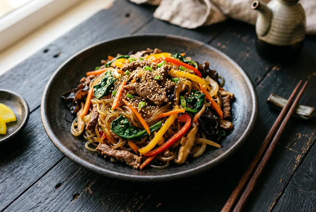 Japchae – koreanische Glasnudeln mit Gemüse und Rindfleisch