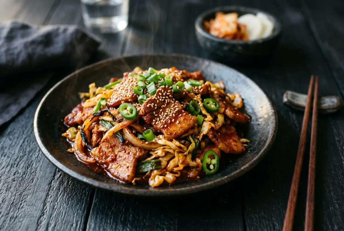 Jeyuk bokkeum – spicy stir-fried pork with kimchi and tofu