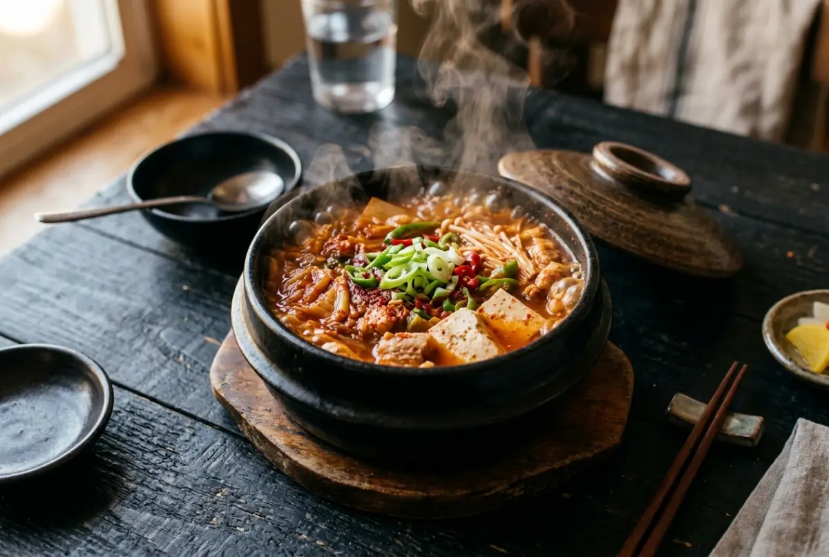 Kimchi Jjigae – koreanischer Kimchi-Eintopf mit Schweinefleisch und Tofu