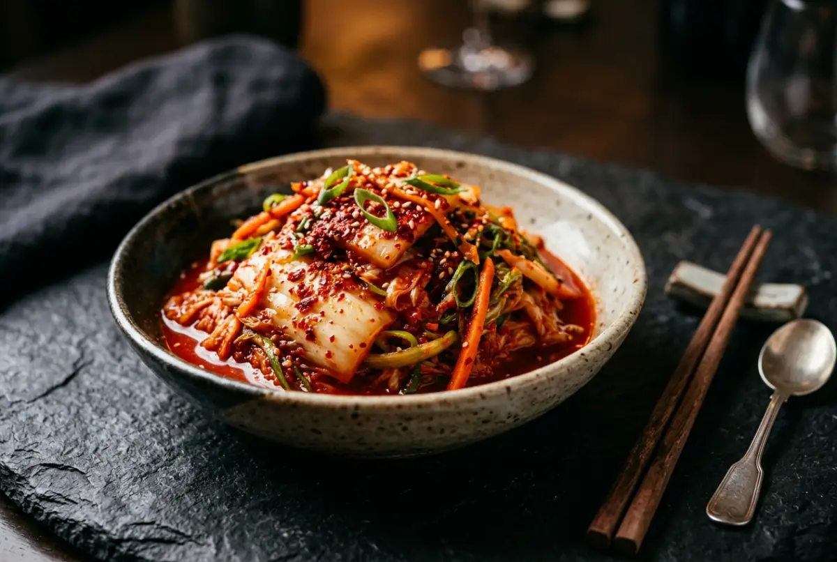 Kimchi – fermentierter Chinakohl mit Chili, Grundzutat der koreanischen Küche