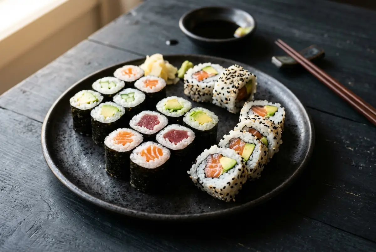Maki-Rollen im Nori-Blatt, in Stücke geschnitten