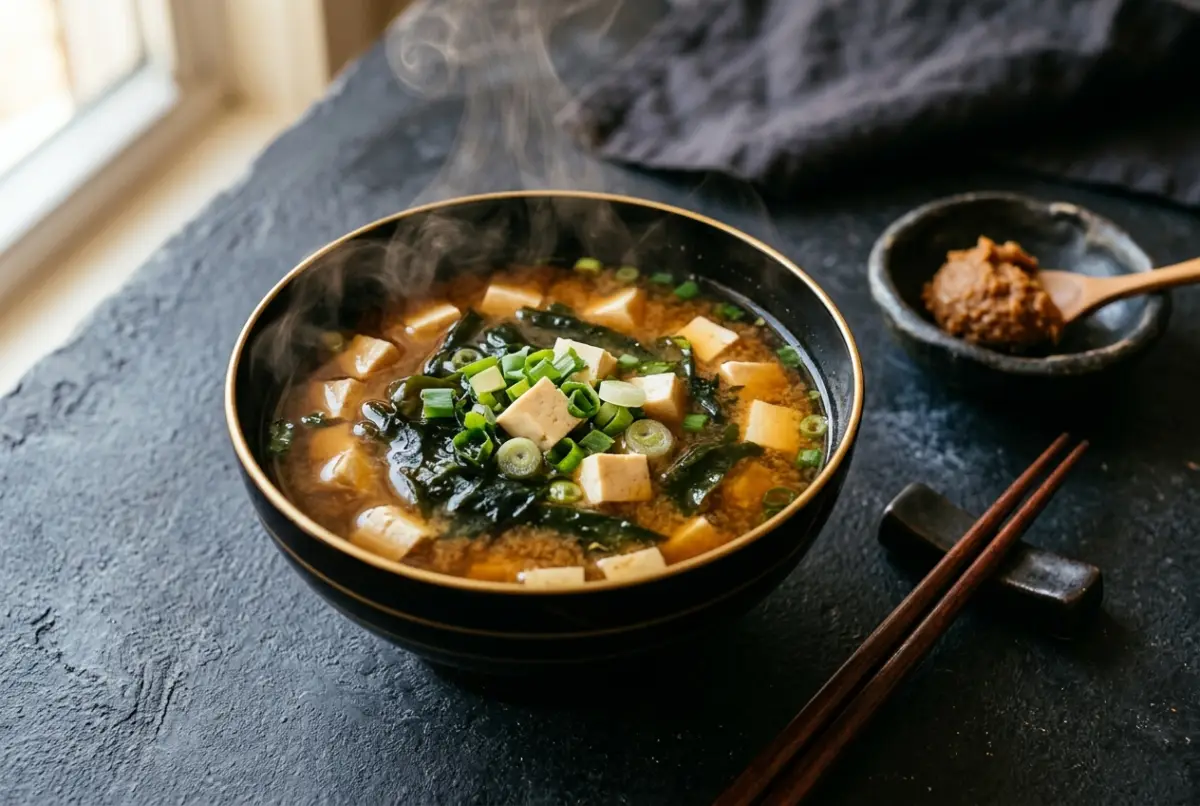 Schale Miso-Suppe mit Tofuwürfeln, Wakame und Frühlingszwiebeln