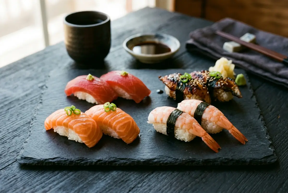 Nigiri mit Lachs und Thunfisch auf handgeformtem Reis