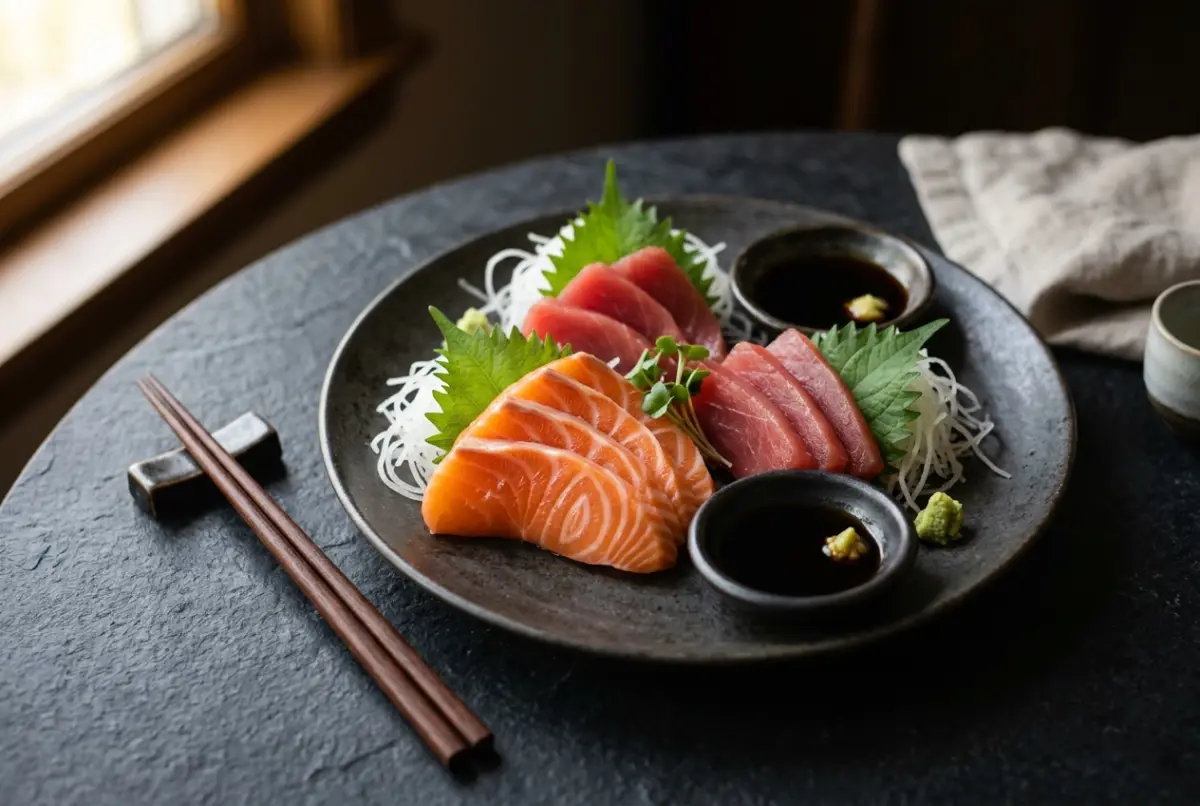 Roher Lachs und Thunfisch, in Scheiben geschnitten als Sashimi