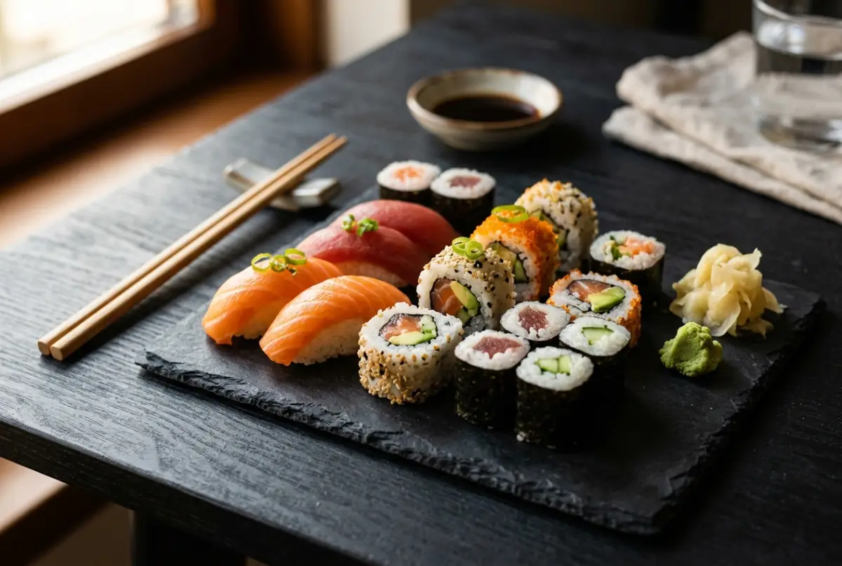 Sushi-Rollen, Maki und Nigiri auf einem Teller