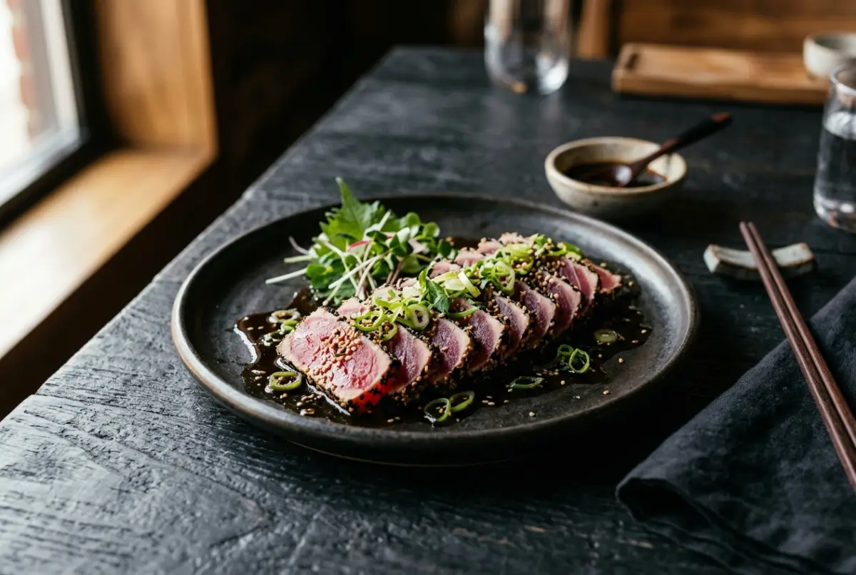 Scheiben von Thunfisch-Tataki mit angebratenem Rand und rohem, rotem Kern