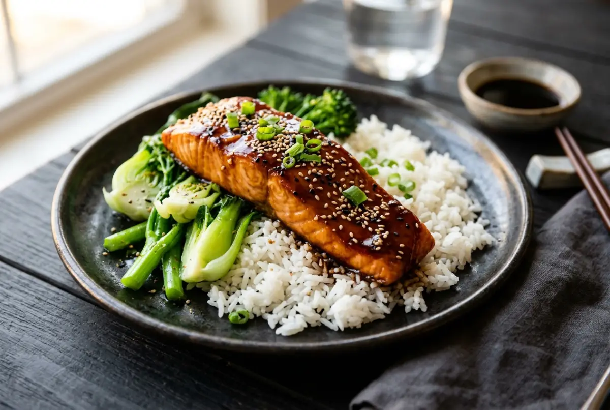 Lachsfilet mit glänzender, dunkler Teriyaki-Glasur