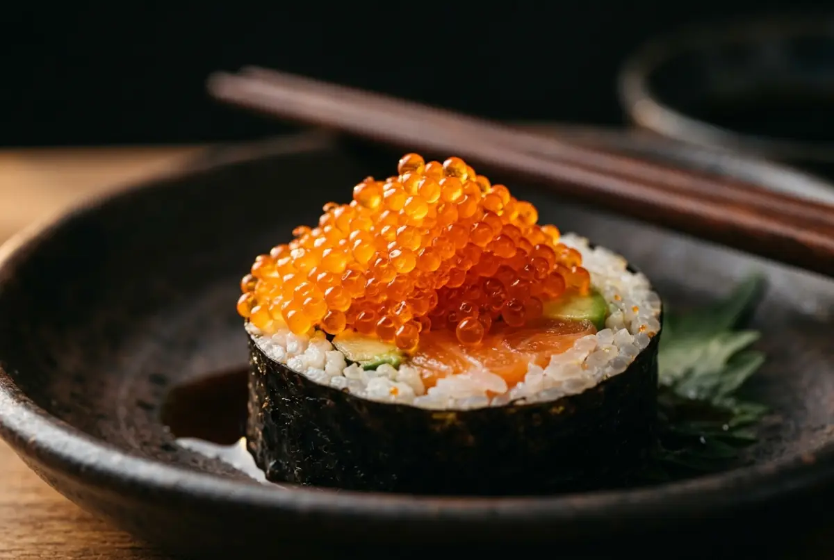 Orange Tobiko-Rogen auf einer Sushi-Rolle