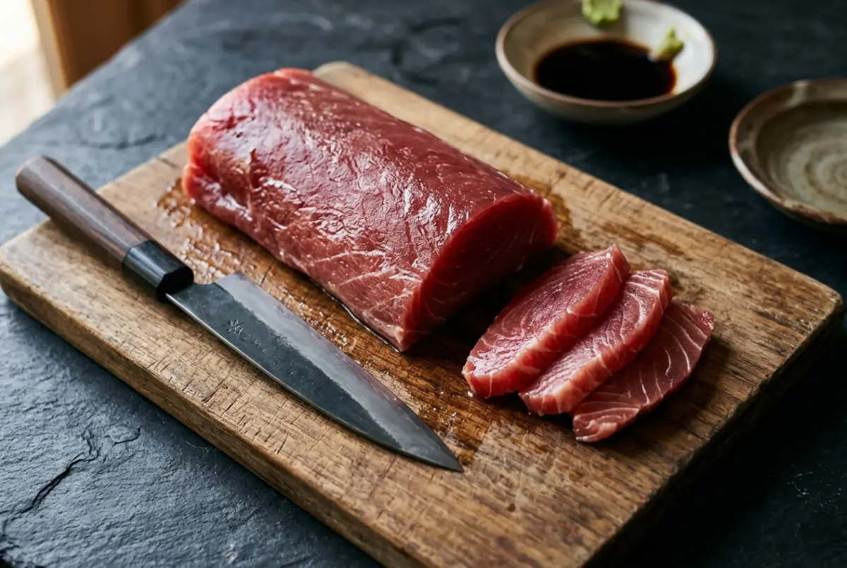 Roter Thunfisch, in Scheiben geschnitten, für Sushi und Sashimi