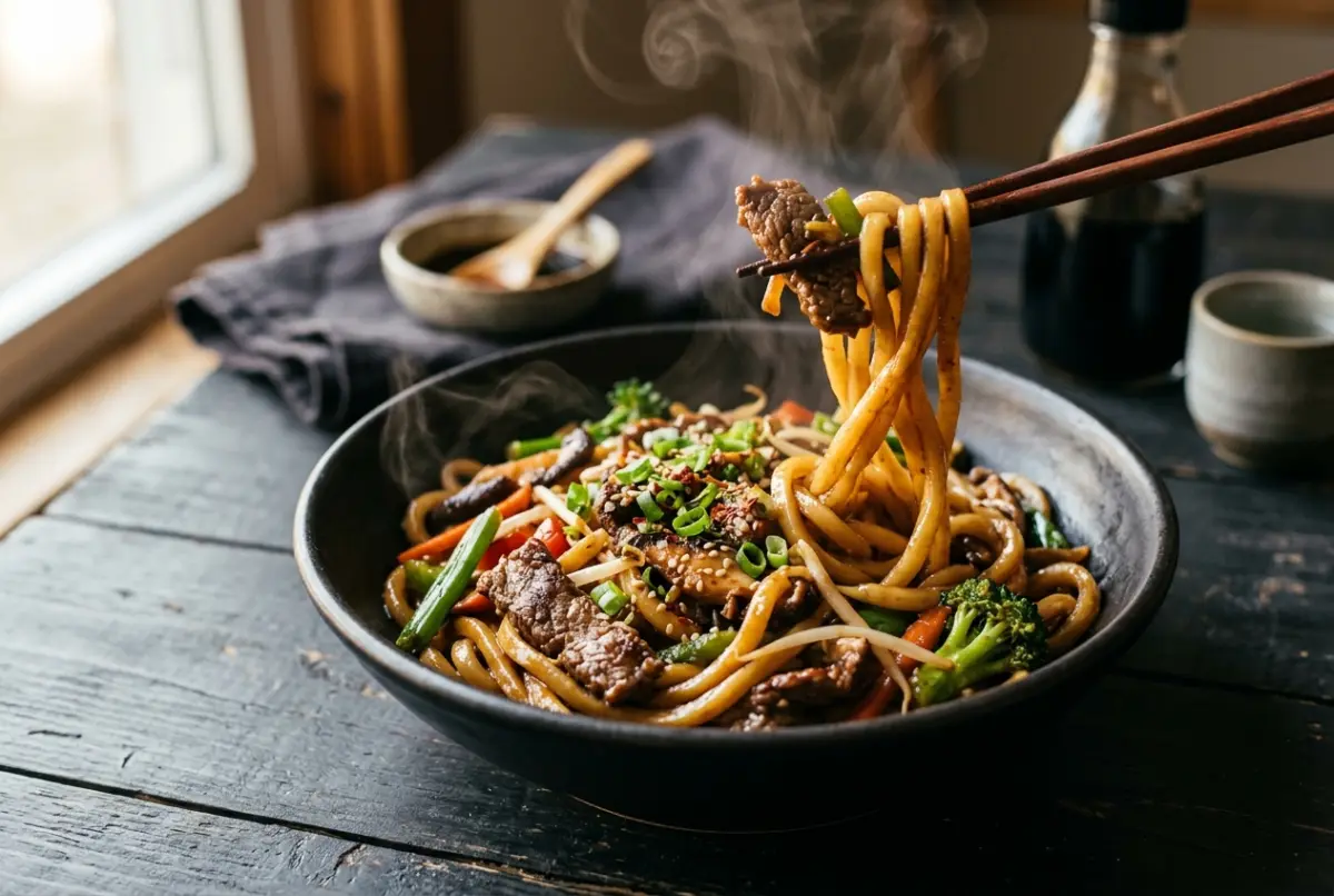 Dicke, weisse Udon-Nudeln mit Gemüse und Rindfleisch in einer Schale