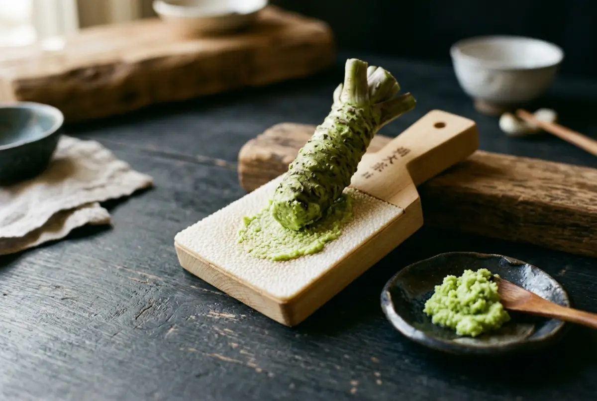 Grüne Wasabi-Würze neben Sushi und Sashimi